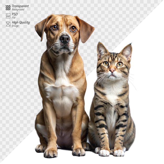 PSD portrait of a dog and cat sitting together transparent background