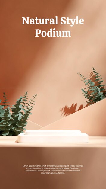 In portrait eucalyptus leaf and brown wall rendering 3d scene mockup white block shape podium