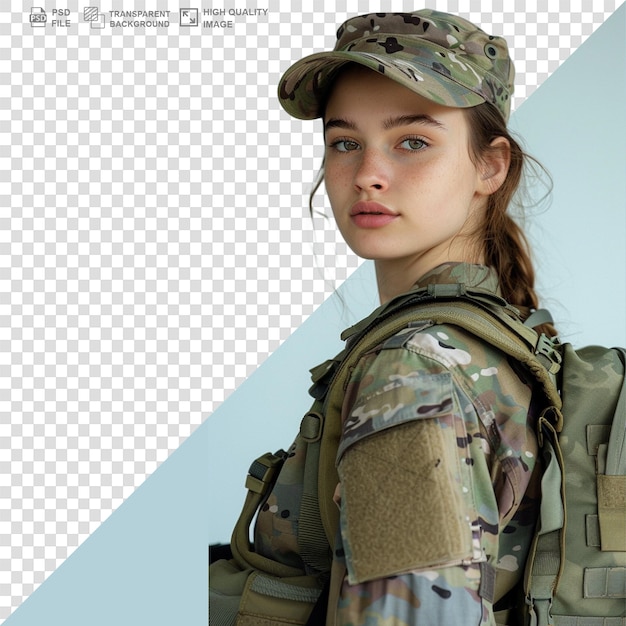 PSD portrait of female soldier or force isolated on transparent or white background png