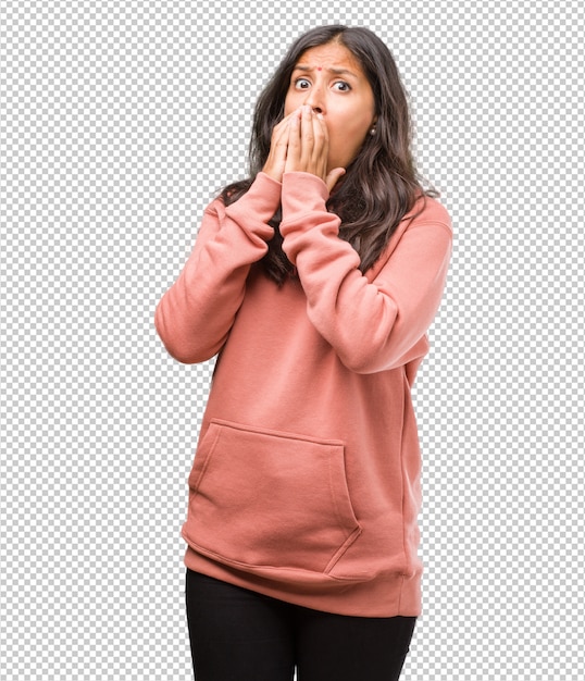 PSD portrait of fitness young indian woman very scared and afraid, desperate for something