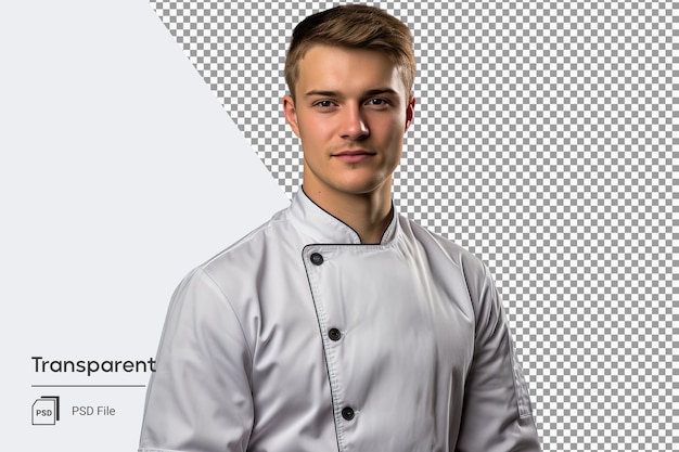 PSD portrait of a friendly young male chef in chef's hat and jacket