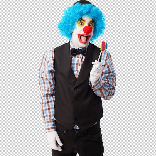 Portrait of a funny clown holding a lollipop