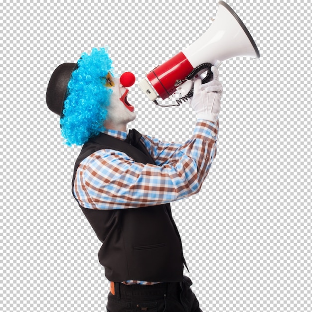Portrait of a funny clown shouting with a megaphone