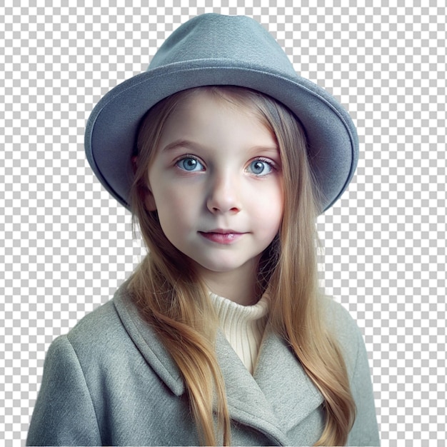 PSD portrait of gentle girl in gray coat and hat transparent background