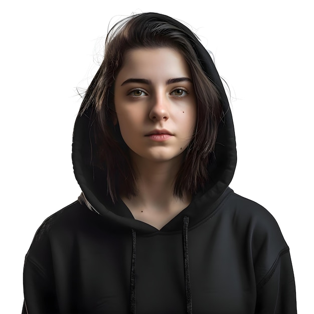 PSD ritratto di una ragazza con un cappuccio nero su uno sfondo bianco