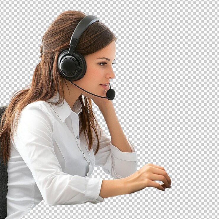 PSD portrait girl on his hone and headset on transparent background