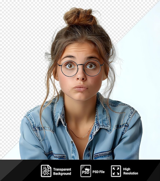 PSD portrait of a girl student in glasses dressed in a fashionable denim shirt worries about something nervous bites her nails waiting for the exam results png psd