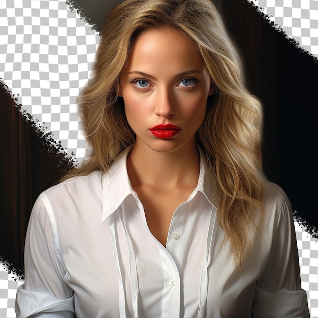 Ritratto di una bellissima donna bionda con una camicia bianca e occhi affascinanti