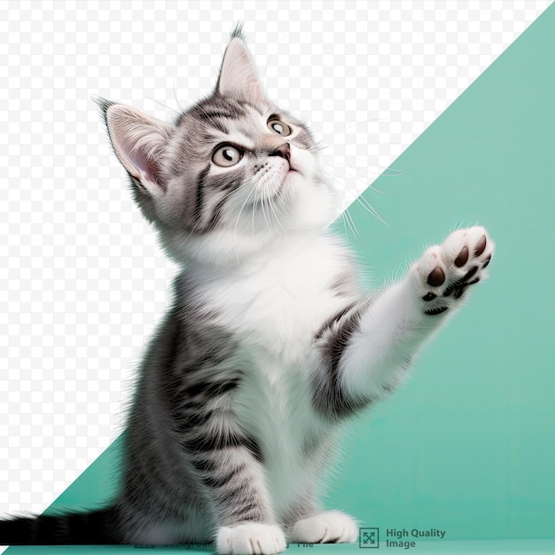 Portrait of a gray and white kitten with a playful stance in a studio setting against a light transparent background