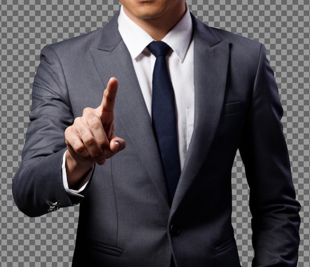 PSD portrait half body 40s asian business man gray formal suit necktie touch digital screen, tanned skin male point to camera sign to add graphic market sale or stock market bitcoin, isolated copy space