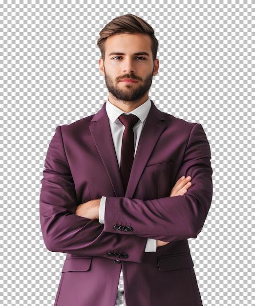 portrait of handsome bearded businessman in purple suit isolated on transparent background