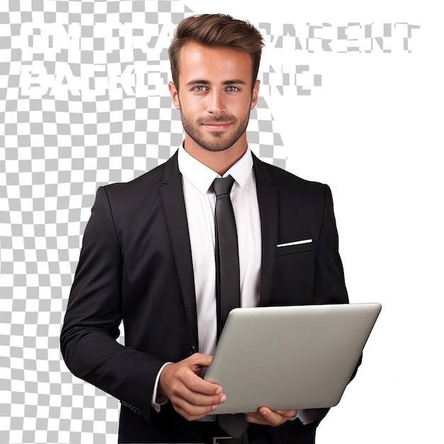 PSD portrait of handsome businessman with laptop on transparent background