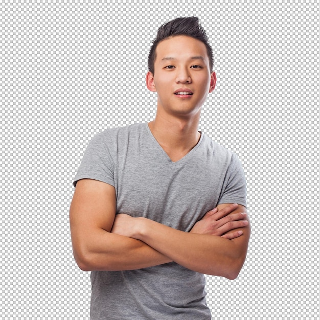푸른 배경 위 에 서 있는 잘생긴 젊은 아시아인 의 초상화