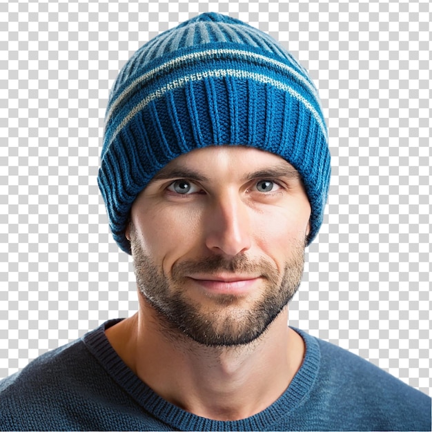 Portrait of handsome young man in knitted hat isolated on transparent background