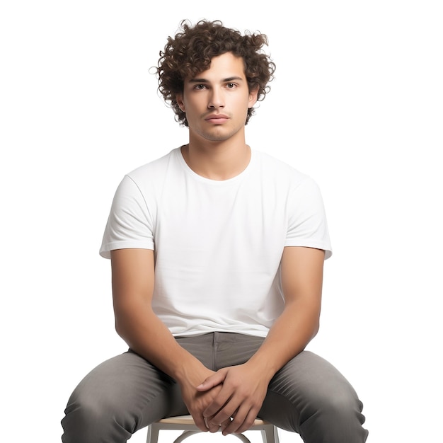 Portrait of handsome young man model sitting on stool isolated on white background