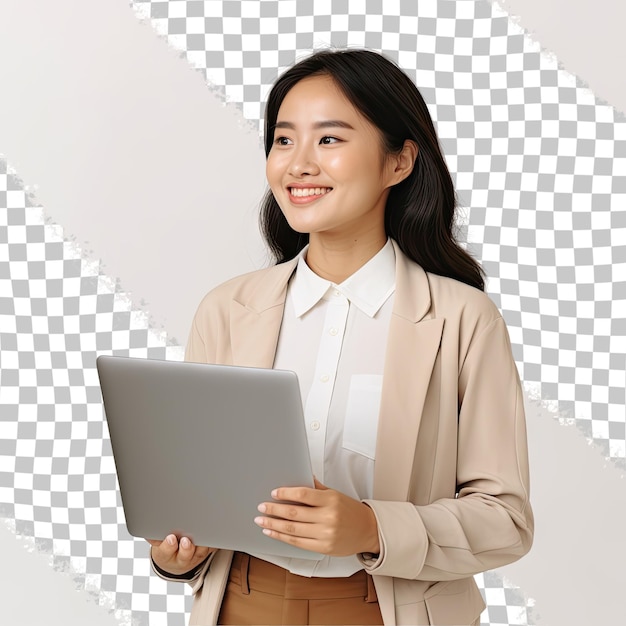 portrait of a happy asian businesswoman holding laptop computer iand looking away solated over trans