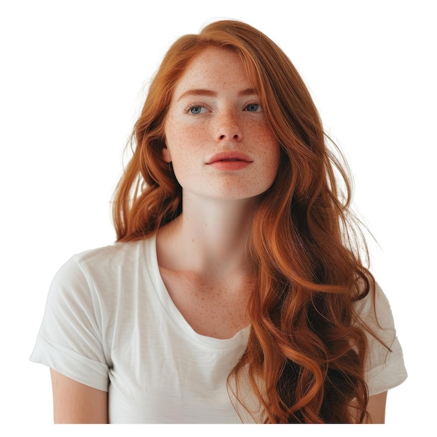 PSD portrait of happy charming redhead young woman with long wavy hair