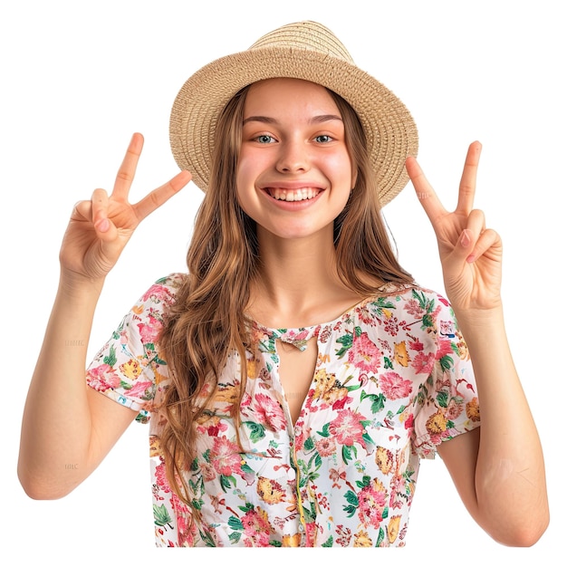 PSD portrait of a happy cheerful girl in summer hat showing peace gesture with two hands isolated