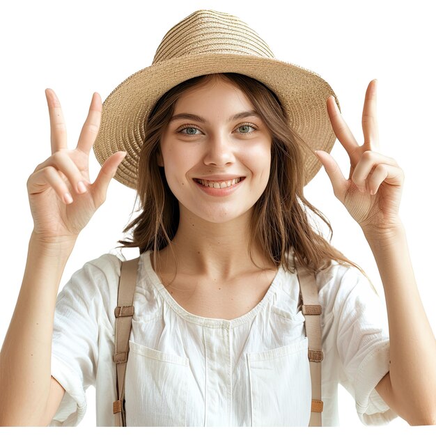 PSD portrait of a happy cheerful girl in summer hat showing peace gesture with two hands isolated