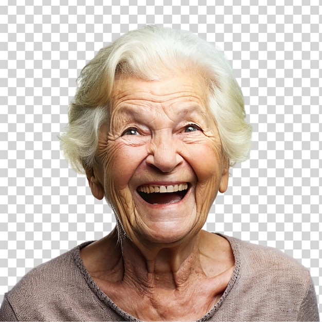 Portrait of a happy elderly woman smiling isolated on transparent background