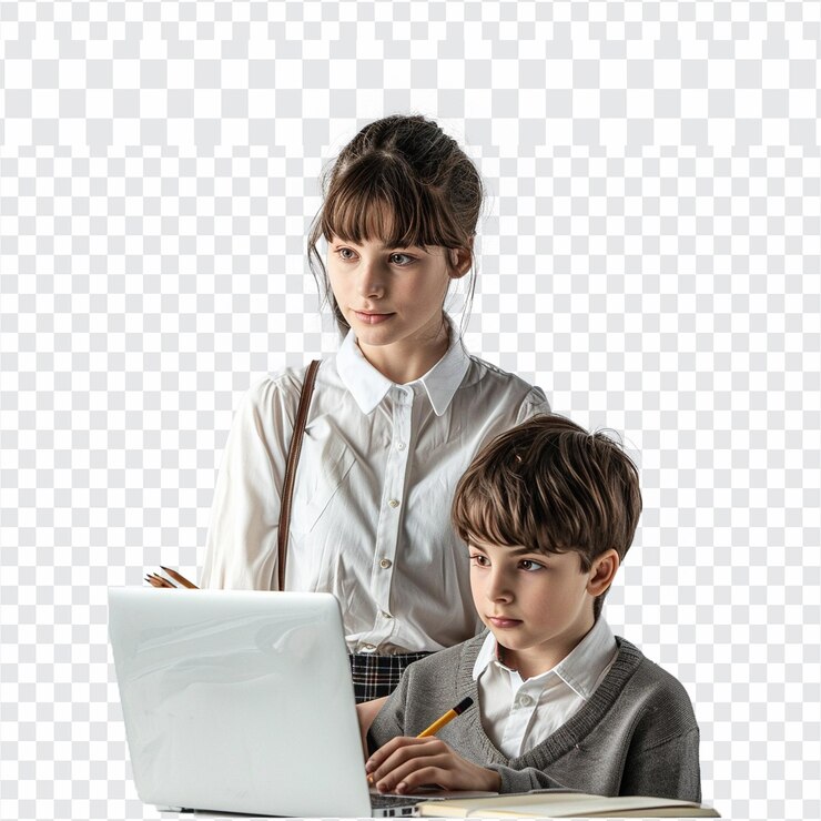 PSD portrait of happy female teacher and pupils writing in notebook