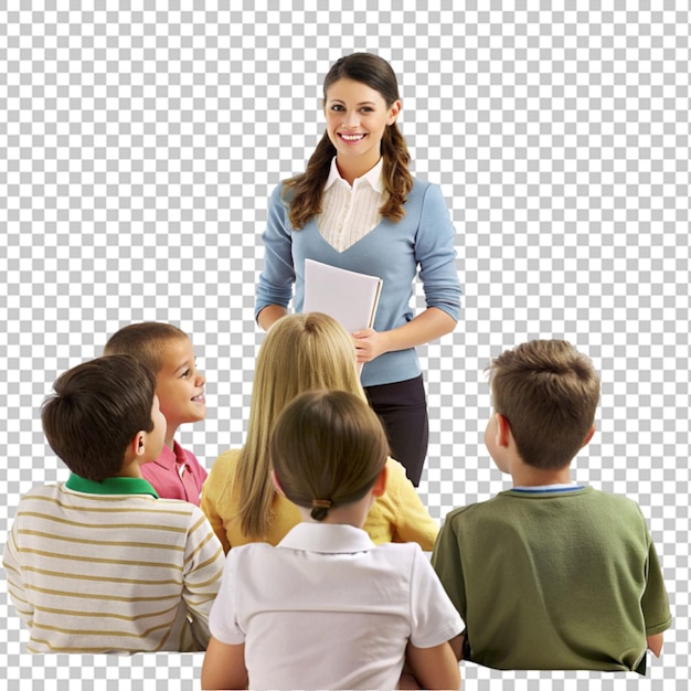 PSD portrait of happy female teacher and pupils writing in notebook