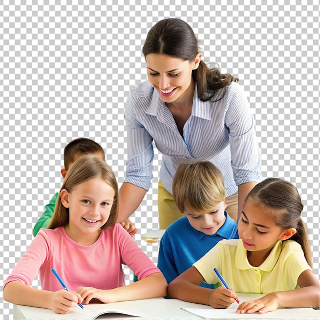 PSD portrait of happy female teacher and pupils writing in notebook