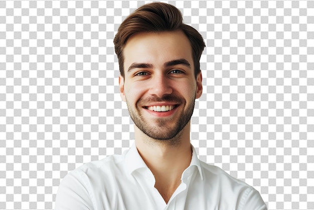 PSD portrait of happy man arm crossed on white isolated background