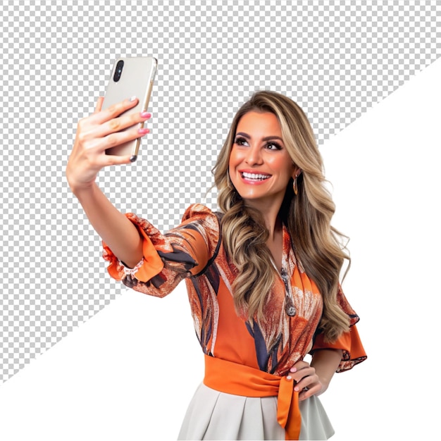 PSD portrait of a happy women taking selfie on transparent background