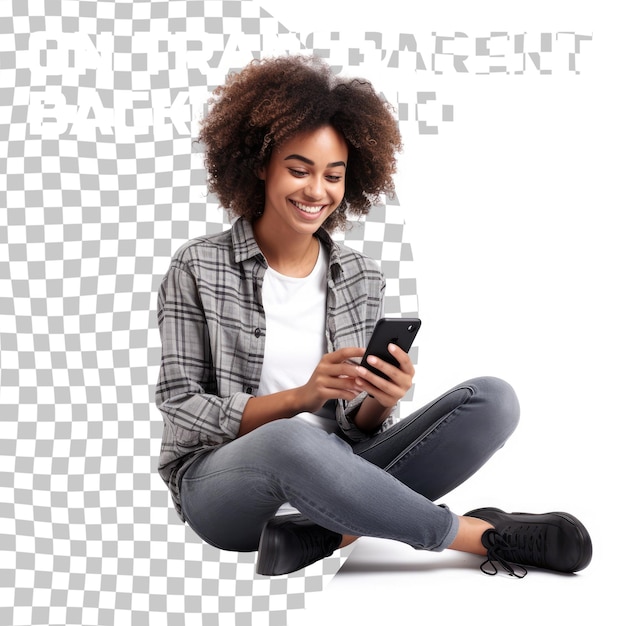 PSD portrait of happy young afro american woman using mobile phone while sitting on a floor with legs cr