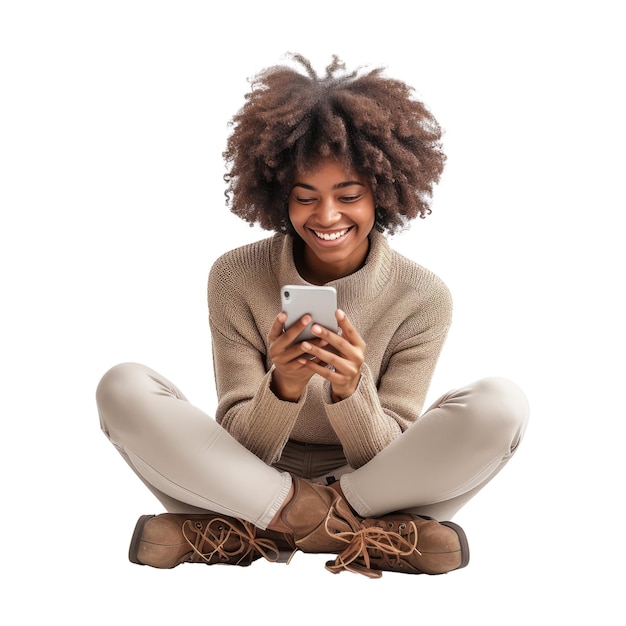 Ritratto di una giovane donna afroamericana felice che usa un telefono cellulare.