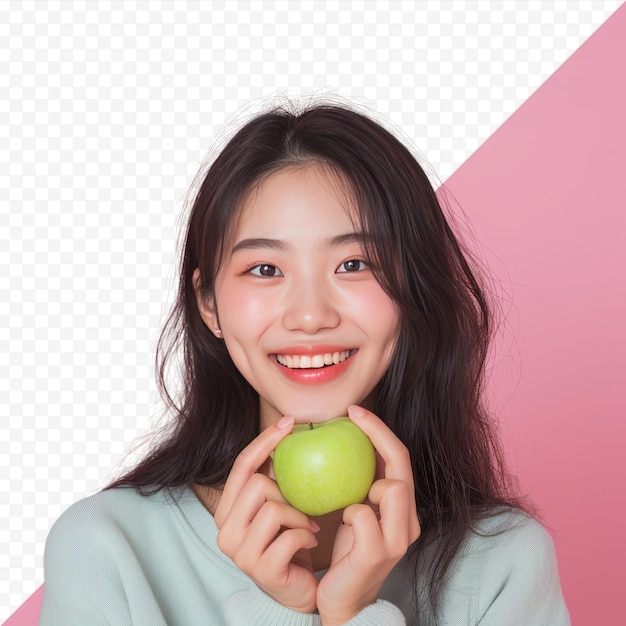 Portrait of a happy young asian chinese korean japanese woman holding or eating green apple isolated over pink isolated background x000d