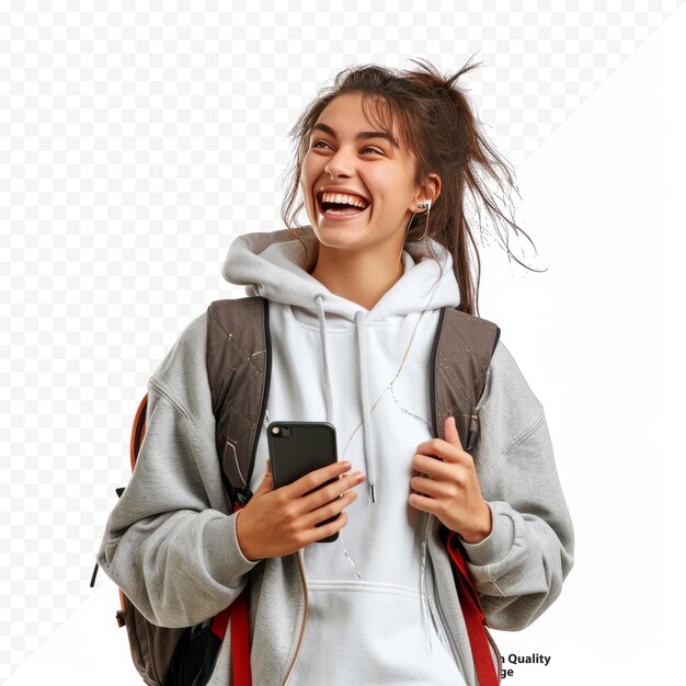 PSD portrait of happy young woman laughing with backpack and mobile phone