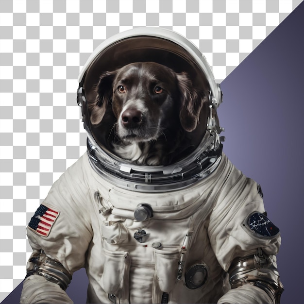 Portrait of humanoid anthropomorphic dog wearing white astronaut suit isolated transparent