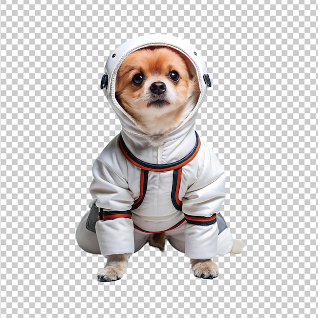 Portrait of humanoid anthropomorphic dog wearing white astronaut suit isolated transparent