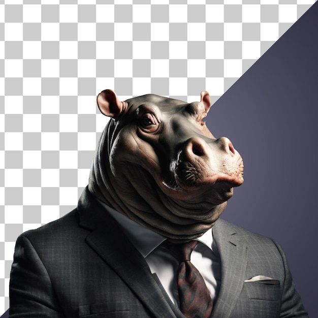 Портрет гуманоида антропоморфного бегемота в деловом костюме изолированный прозрачный
