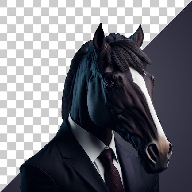 Portrait of humanoid anthropomorphic horse wearing businessman suit isolated transparent