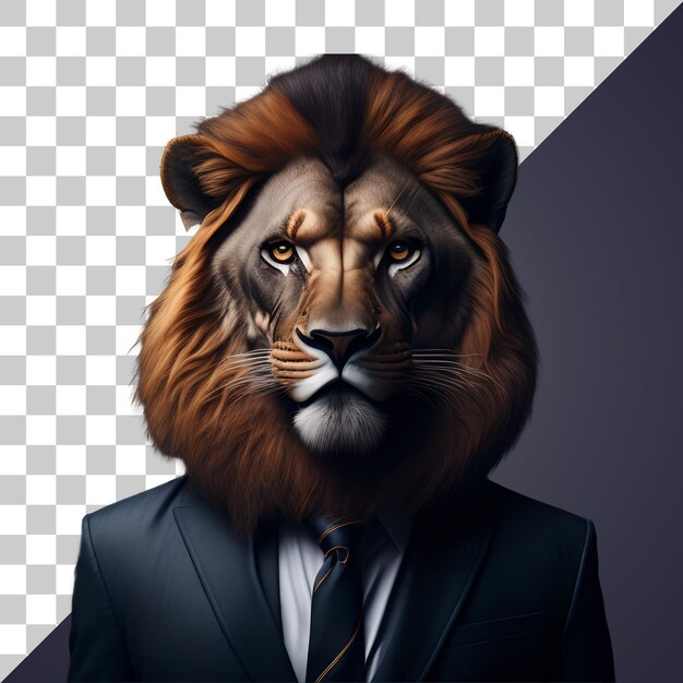 Portrait of humanoid anthropomorphic lion wearing businessman suit isolated transparent