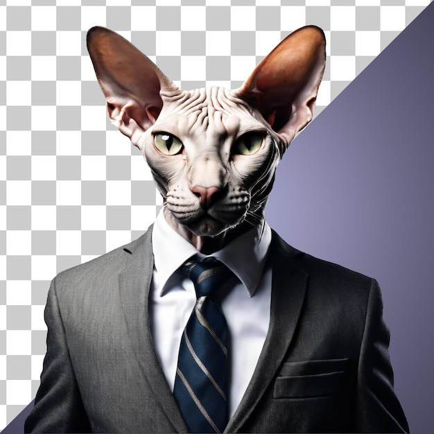 PSD portrait of humanoid anthropomorphic sphynx cat wearing black business suit isolated transparent