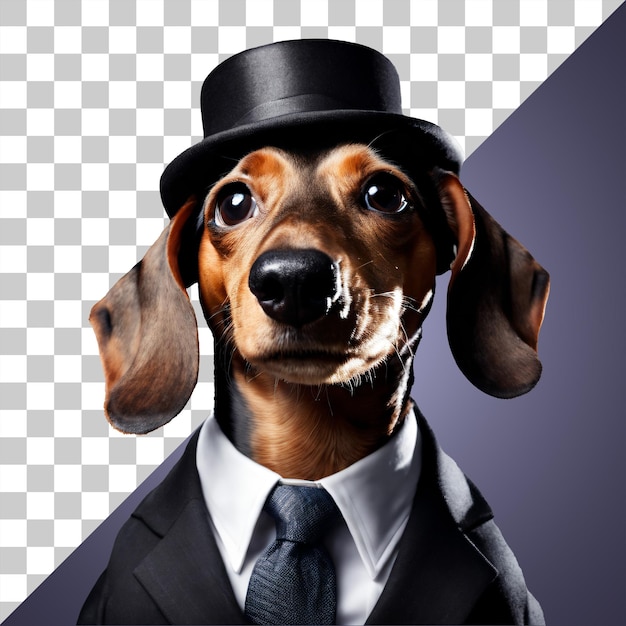 Portrait of Humanoid Dachshund Dog Wearing Black Business Suit with Top Hat Isolated Transparent