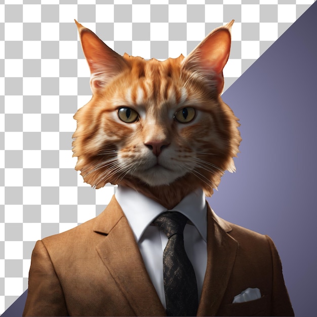 PSD portrait of humanoid ginger cat wearing orange brown business suit isolated transparent