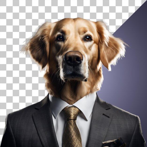 투명하게 분리된 검은 양복을 입은 인간형 골든 리트리버 강아지의 초상화
