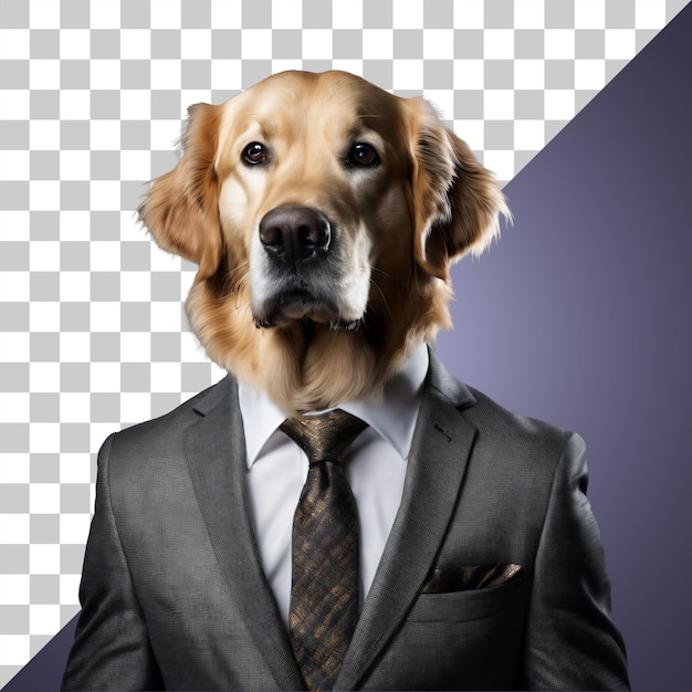 PSD portrait of humanoid golden retriever dog wearing black business suit isolated transparent