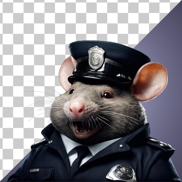 PSD portrait of humanoid greedy fat rat wearing police officer suit with evil smirk isolated transparent