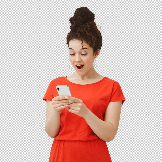 portrait of impressed thrilled attractive female student in stylish red dress and round earrings