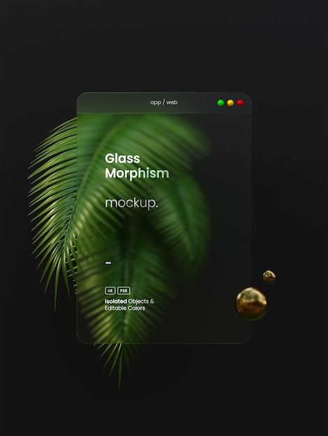 PSD mockup di presentazione dell'interfaccia verticale con effetti di morfismo in vetro e foglie di palma