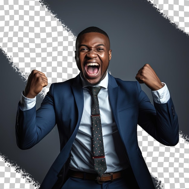 PSD portrait of a joyful african businessman celebrating corporate success in a transparent background