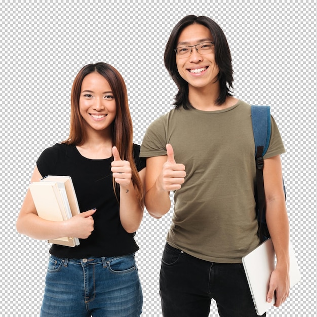 喜びに満ちた魅力的なアジア人学生のカップルの肖像画