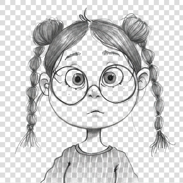 Portrait of little girl drawn in black and white isolated on transparent background png psd