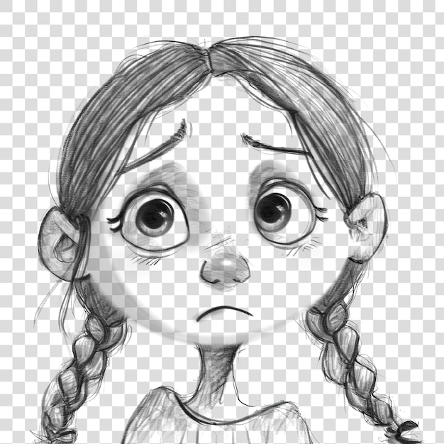 PSD portrait of little girl drawn in black and white isolated on transparent background png